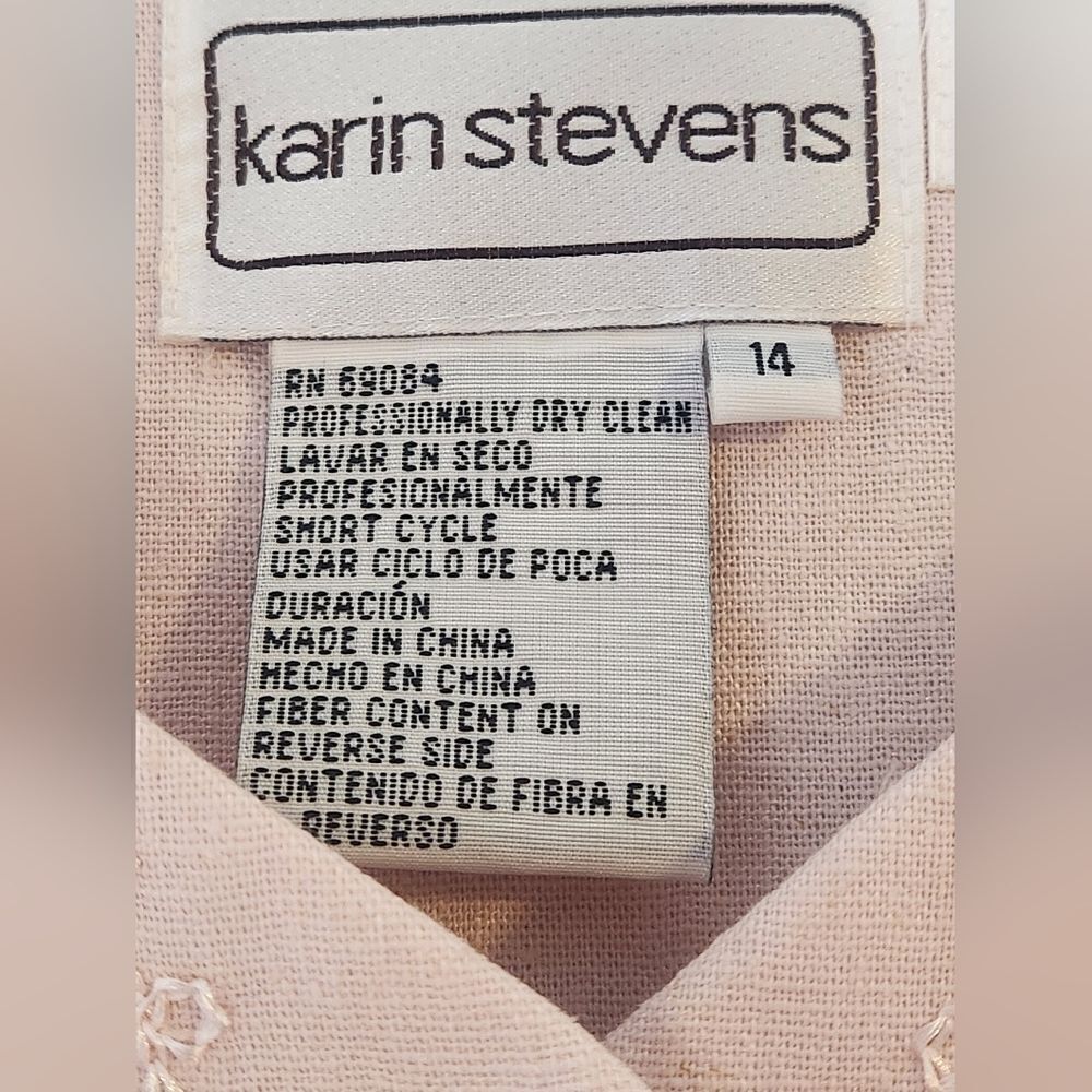 Vtg Karin Stevens 14 PastelPink LINENBlendFaux2Piece Women Midi Embroidery Dress - Picture 2 of 13